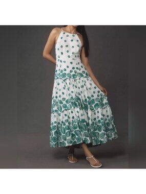 Anthropologie Maeve Halter Tiered Maxi Dress White & Green Shell Print  Large